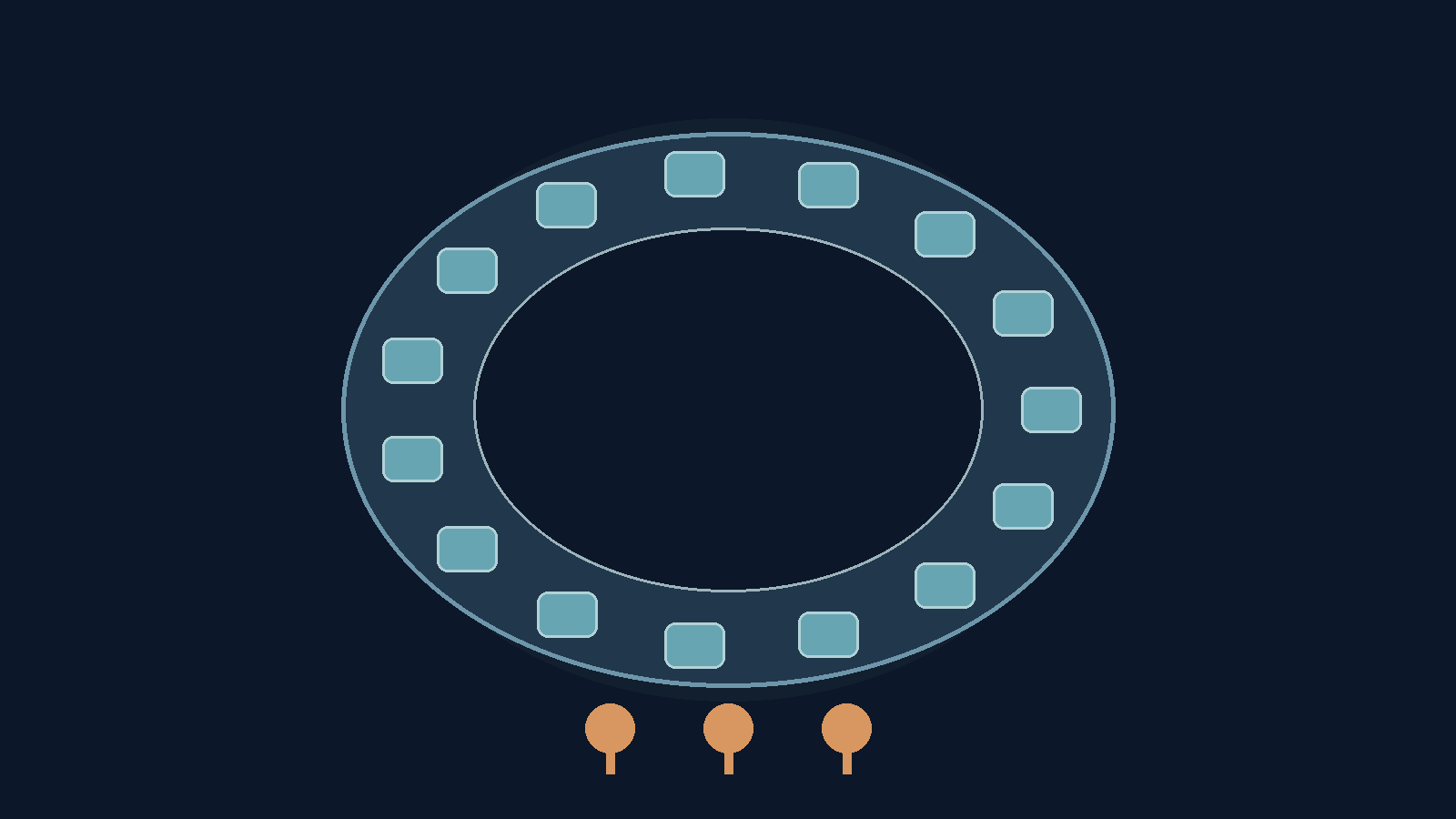 Abstract graphic of a circular assembly of seats around an empty centre, no text.