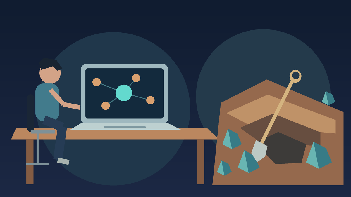 Text-free illustration: an office worker at a laptop faces an abstract digital network; beside the desk, a mineral pit with crystals and a shovel contrasts software assistance with its physical supply chain.