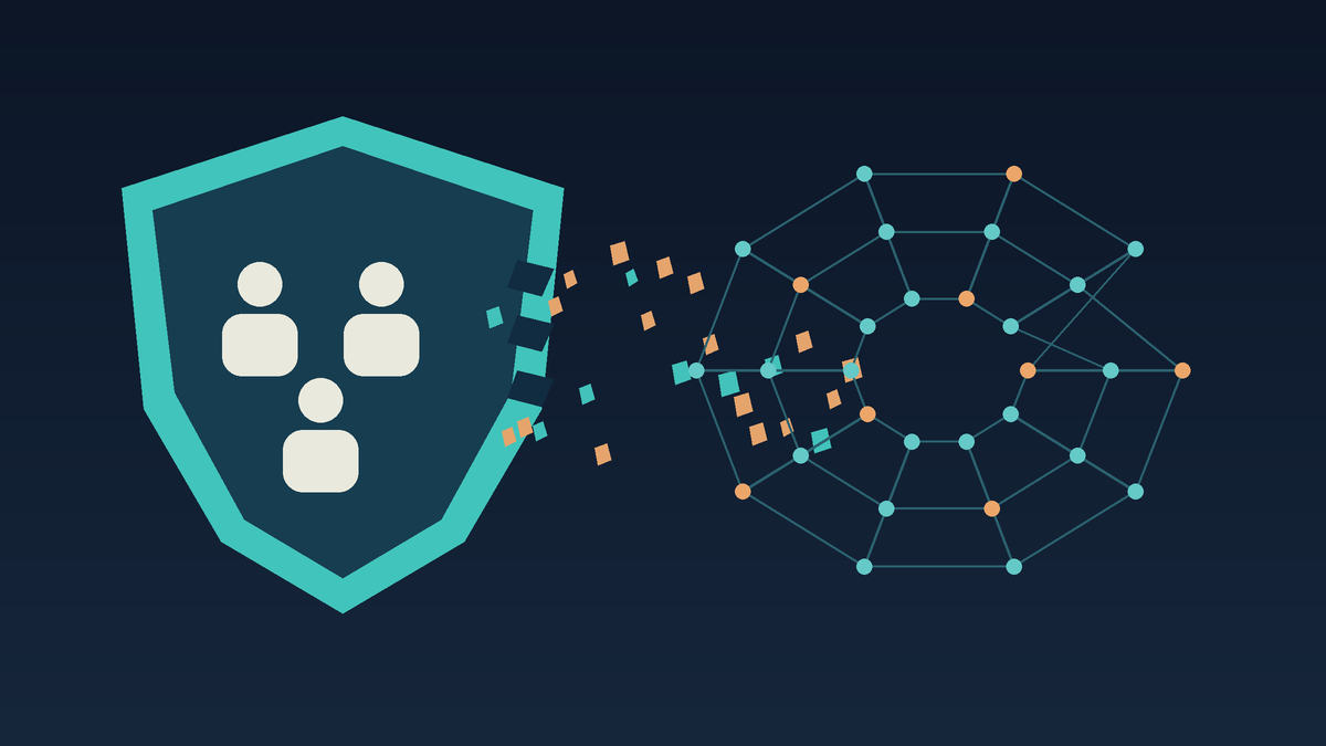 A shield containing three human silhouettes breaks into fragments that flow towards a network of nodes, representing personal data protections in the proposed European AI rules.