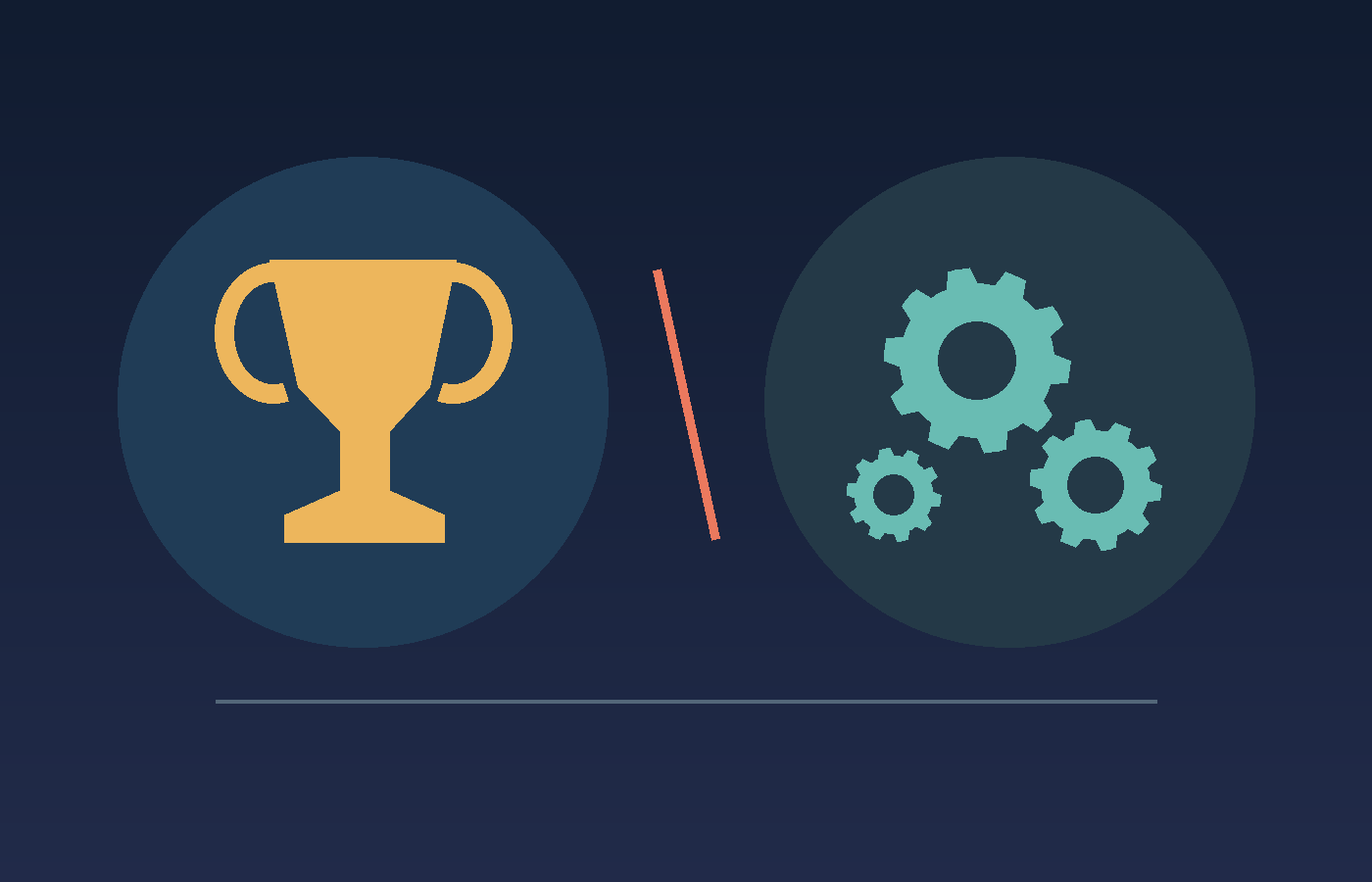 A golden trophy faces turquoise gears, contrasting benchmark victories with real operational work. Original illustration without text.