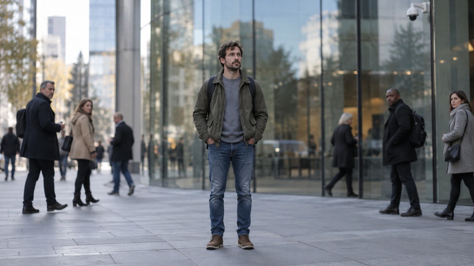 ChatGPT-generated illustration: a man standing alone on an urban pavement outside a glass facade, watched by several passers-by and a surveillance camera.