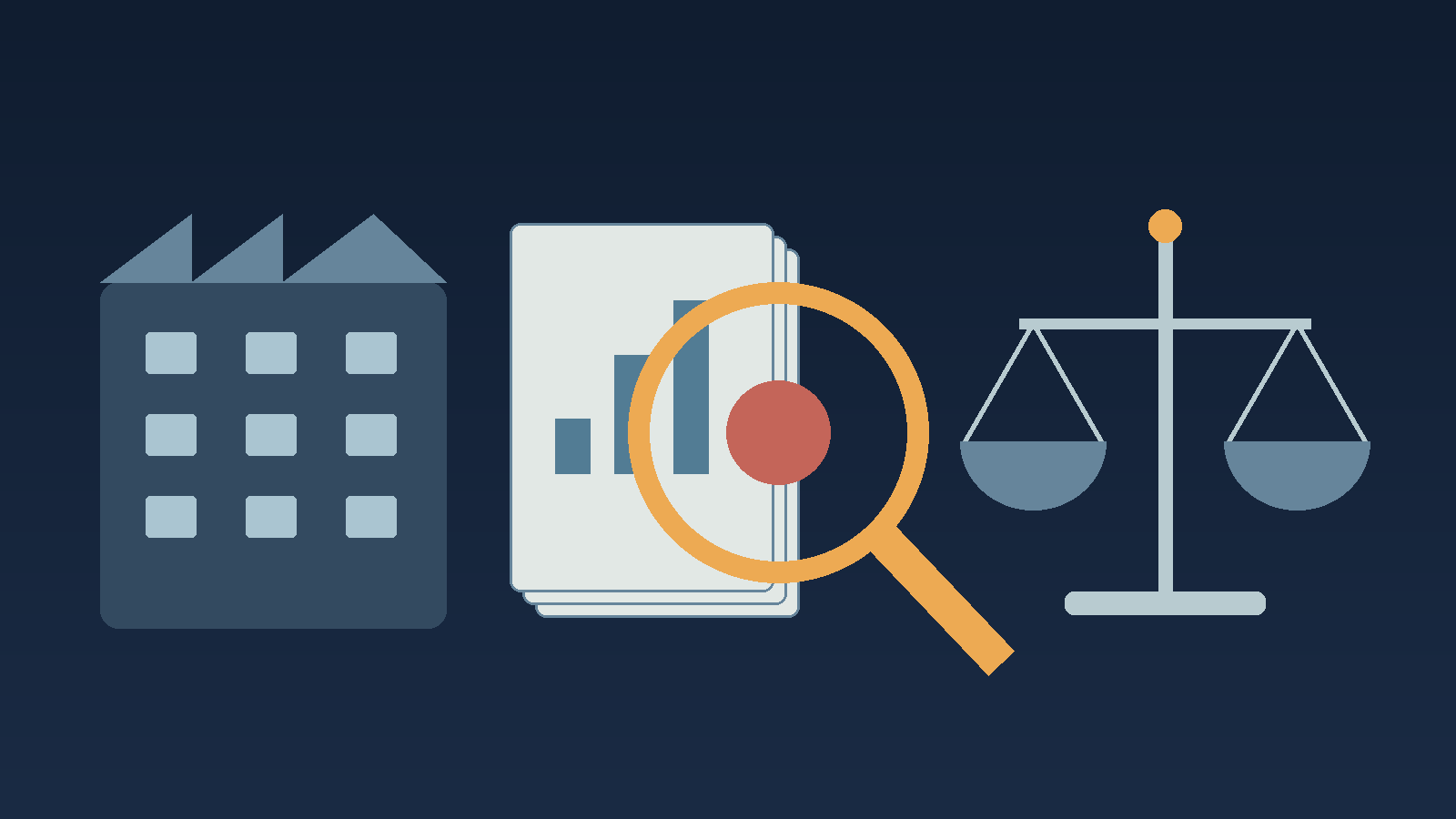 Text-free illustration of a company, financial documents under a magnifying glass with a red signal, and scales of justice. Statistical similarity is not proof of guilt.