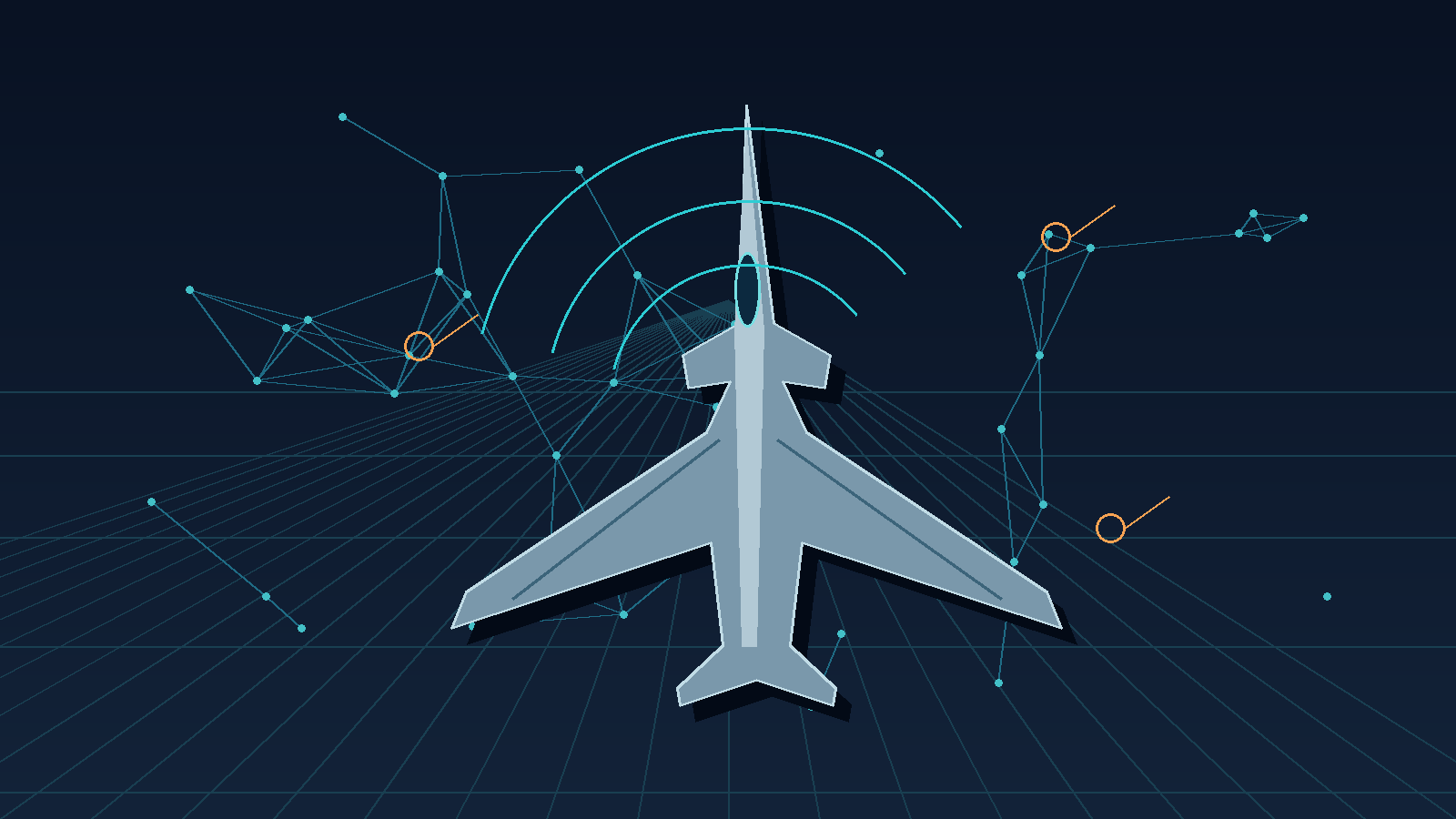 A stylised fighter aircraft seen from above amid glowing network nodes and arcs, representing the digital layer that shapes decisions in flight.