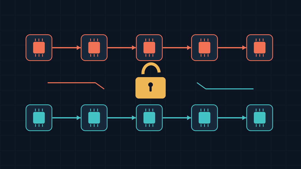 Two parallel chains of processor icons, in coral and teal, surround an open padlock, representing automated cyberattacks and defenses around exposed access.