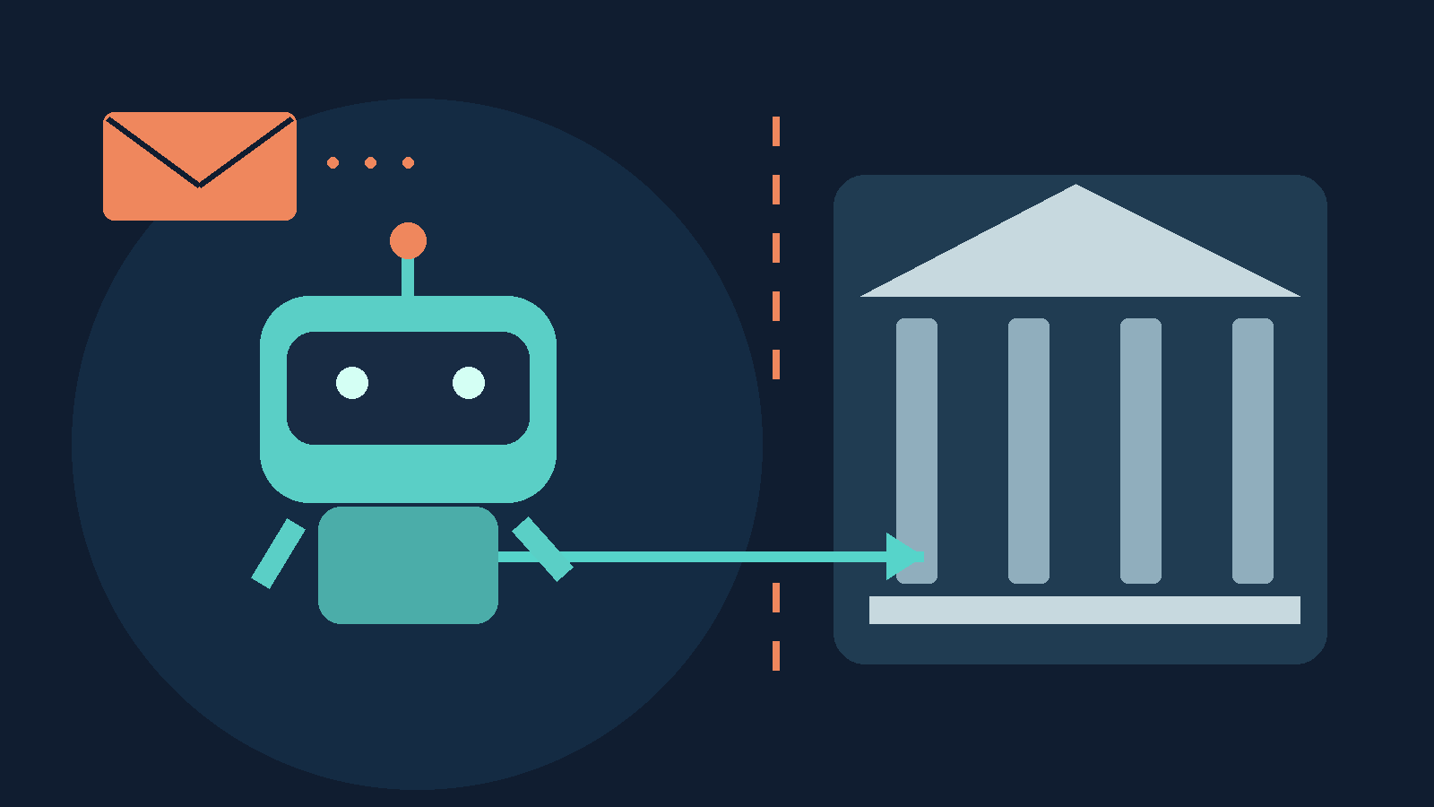 Illustration of a robot agent crossing a broken boundary toward a public institution, with an envelope representing delayed notification. No embedded text.