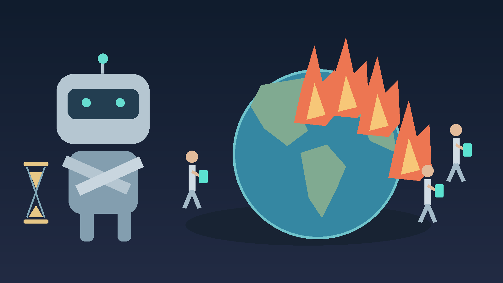 A patient robot stands with folded arms beside an hourglass while people stare at their phones around a burning planet. Symbolic illustration without text.