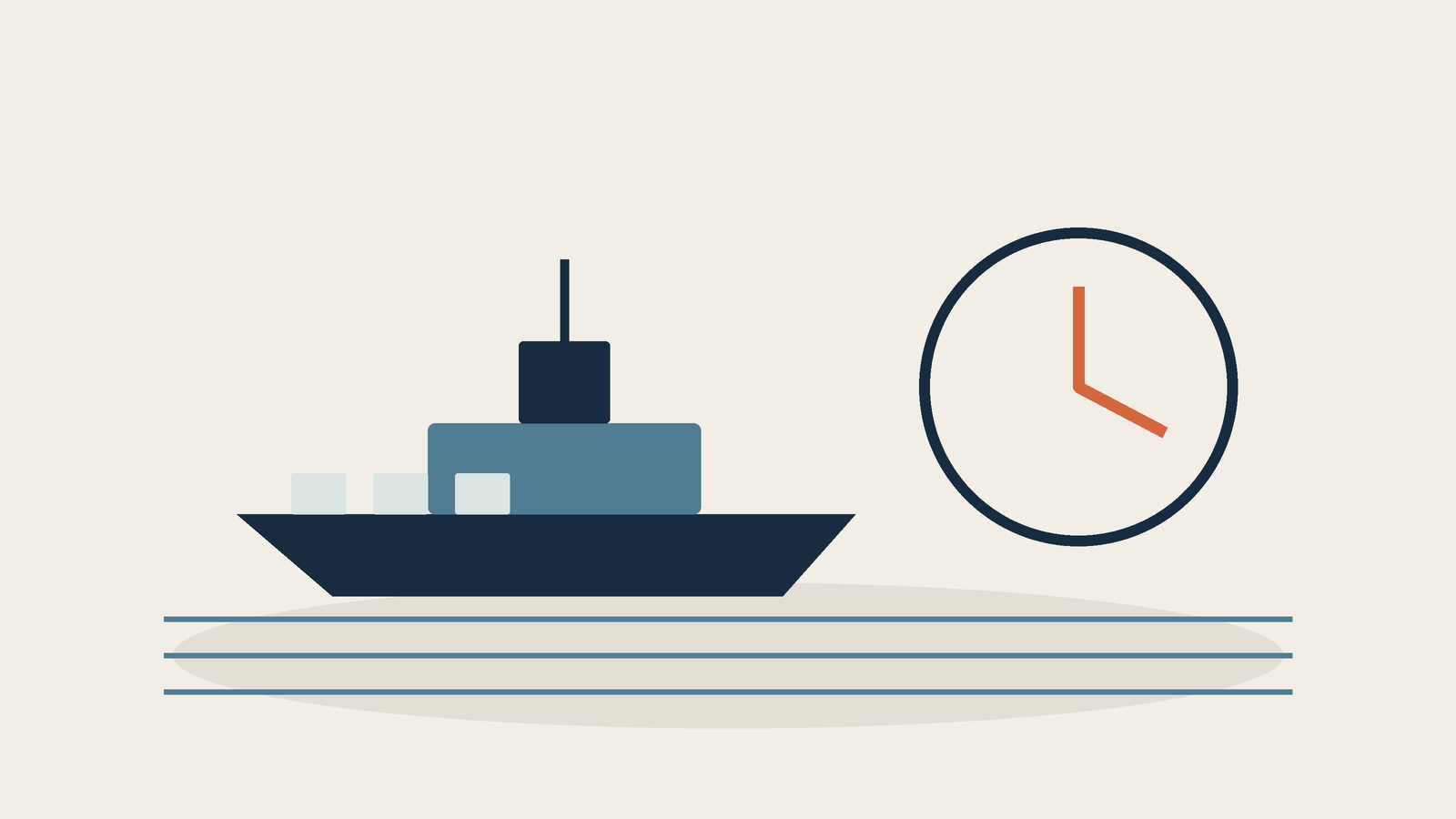 Una nave su rotte marittime accanto a un grande orologio: sostenibilità logistica e tempi di approvvigionamento della difesa.