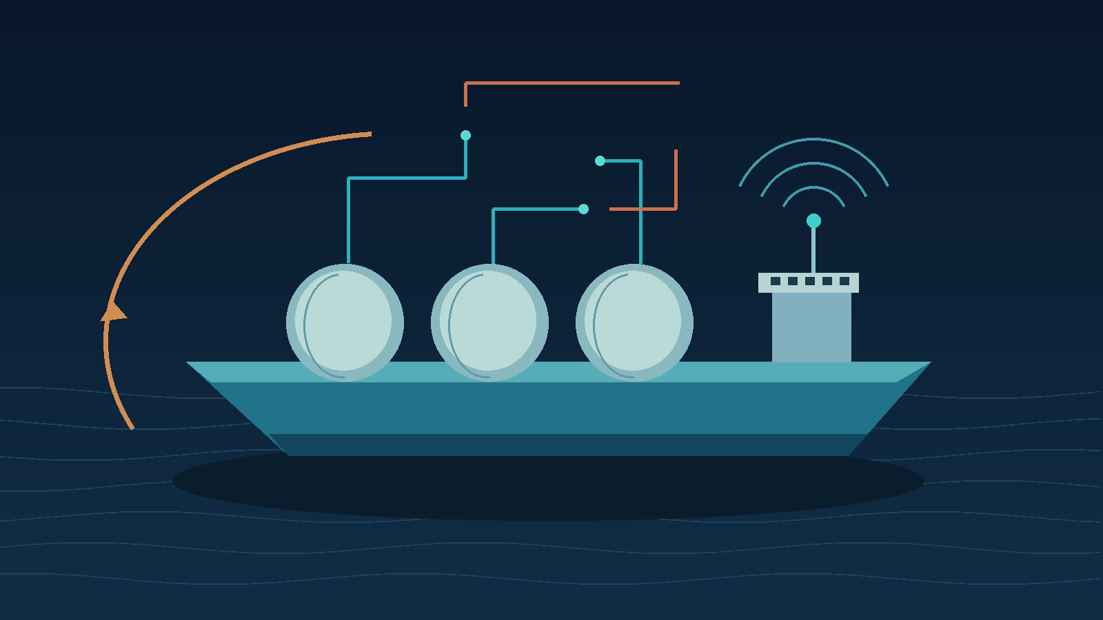 Abstract graphic evoking a large vessel at sea with interrupted signal paths, no text.