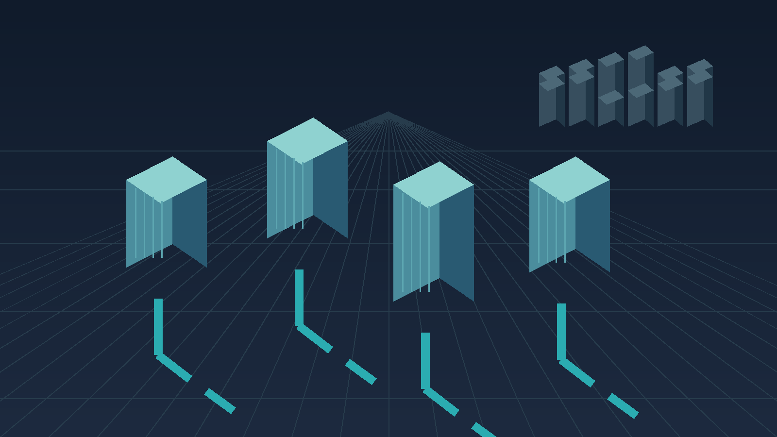 Abstract graphic of four tall rectangular blocks rising from a flat open plain, linked by thin lines to a distant dense cluster, with unfinished channels running between them, no text.