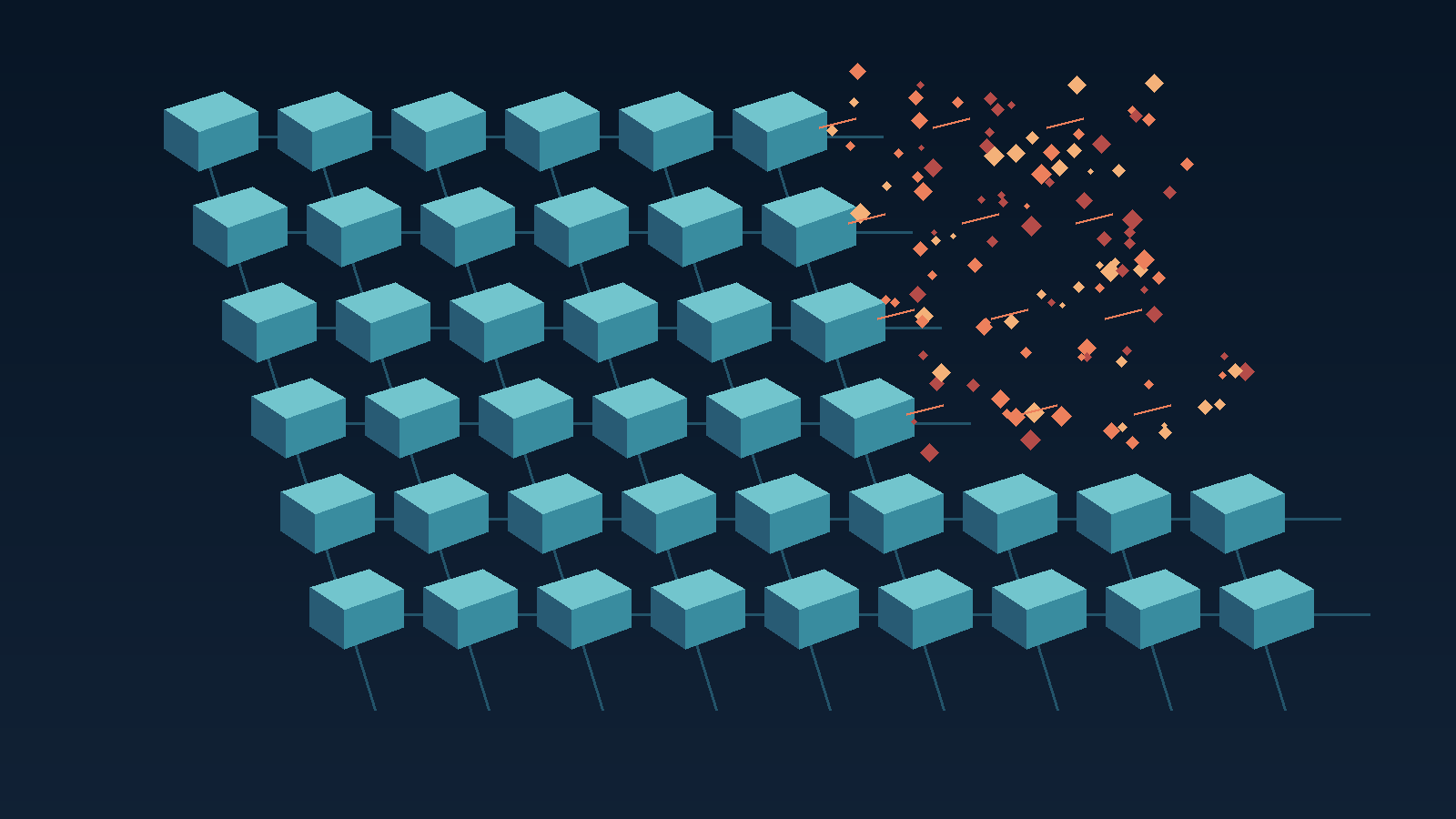 Abstract graphic of a dense grid of warehouse-like rectangular blocks, part of the grid dissolving into scattered fragments and broken connection lines, no text.