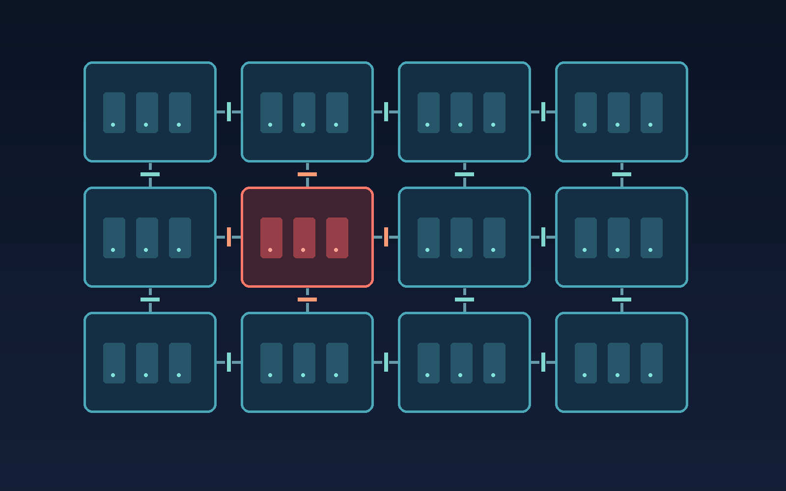 Abstract graphic evoking the interior of an office building divided into separate compartments by closed partitions, with interrupted connecting paths, no text.