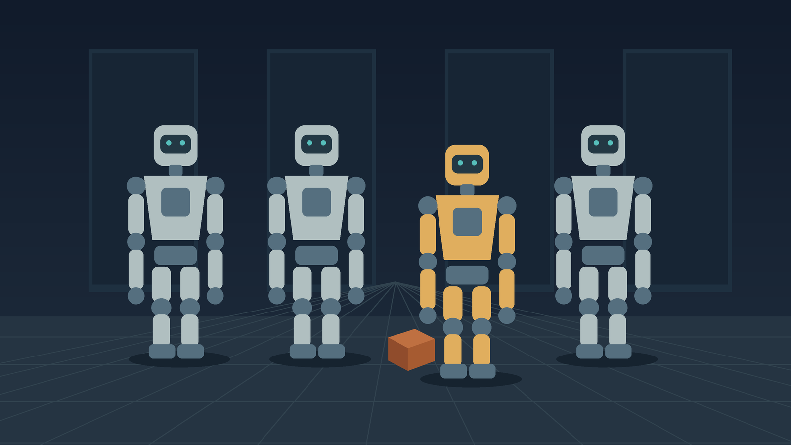 Graphic synthesis without any text: stylised humanoid silhouettes aligned in a row inside an abstract industrial space, one figure slightly out of line, neutral geometric shapes, no letters, numbers, labels or logos.