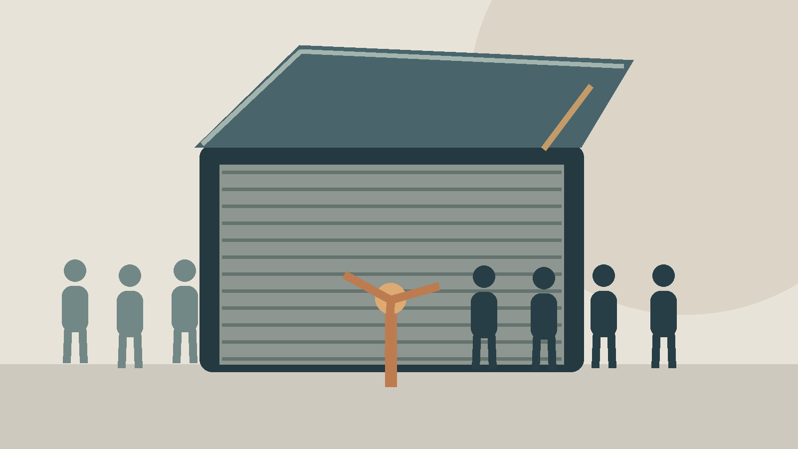 Graphic synthesis, no text of any kind: a stylised open engine hood above a closed roller shutter, with a row of small figure silhouettes split by a turnstile shape, flat shapes and muted colours, no letters, numbers, labels or logos.