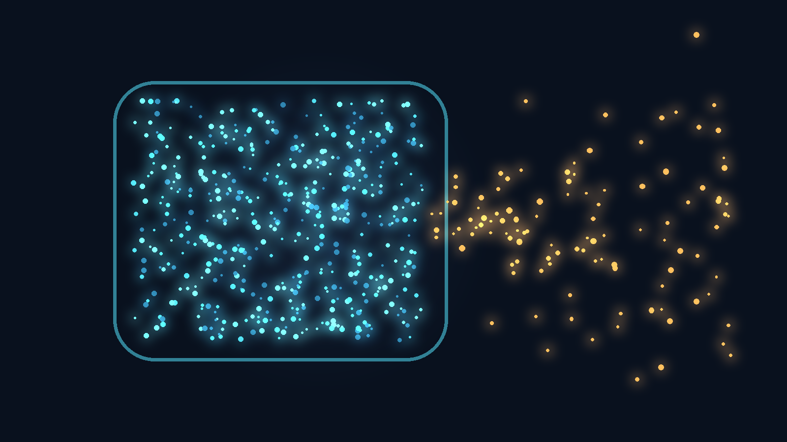Abstract thematic graphic: a dense cluster of small glowing points inside a closed outline, thinning into scattered isolated points that drift outside it, suggesting records leaving a protected perimeter; no text, letters, numbers, labels or logos.