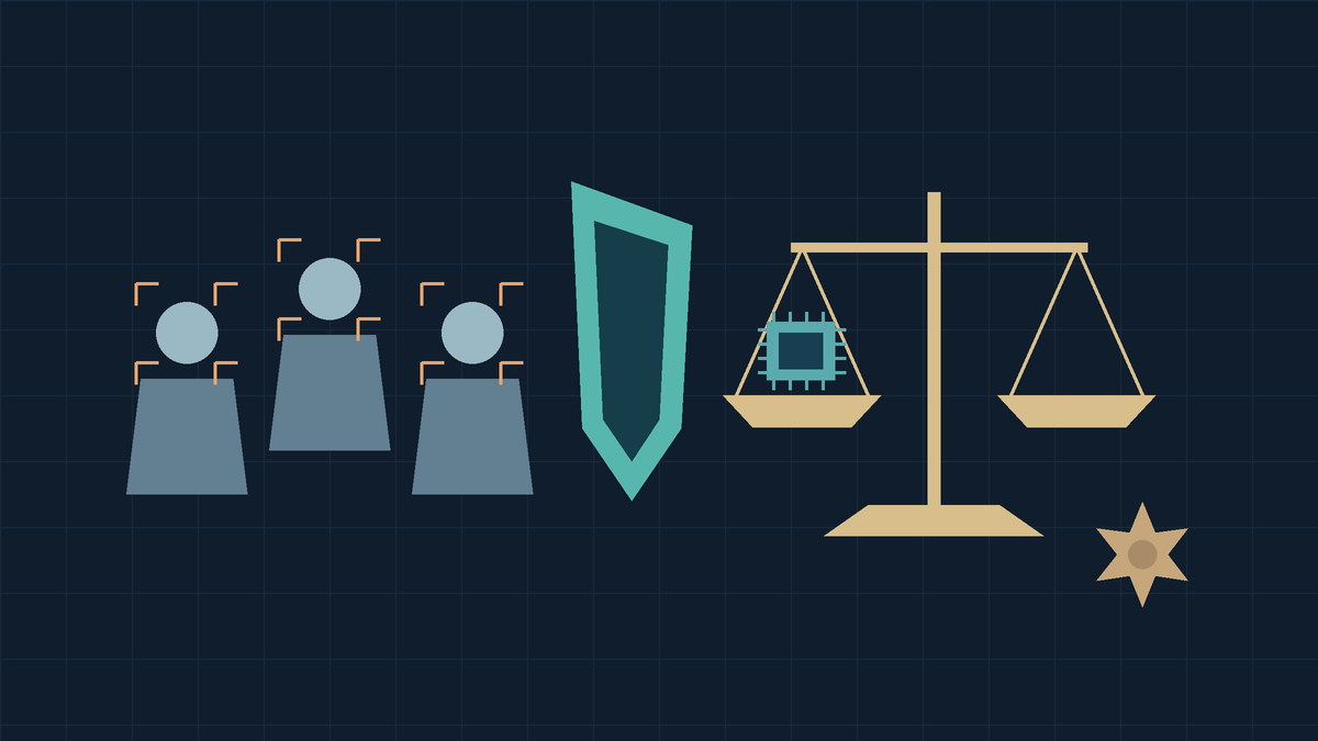 Text-free illustration: biometric scans around people, a protective shield and scales with an AI chip on one pan and an empty pan opposite. A sheriff badge evokes oversight without adequate resources.