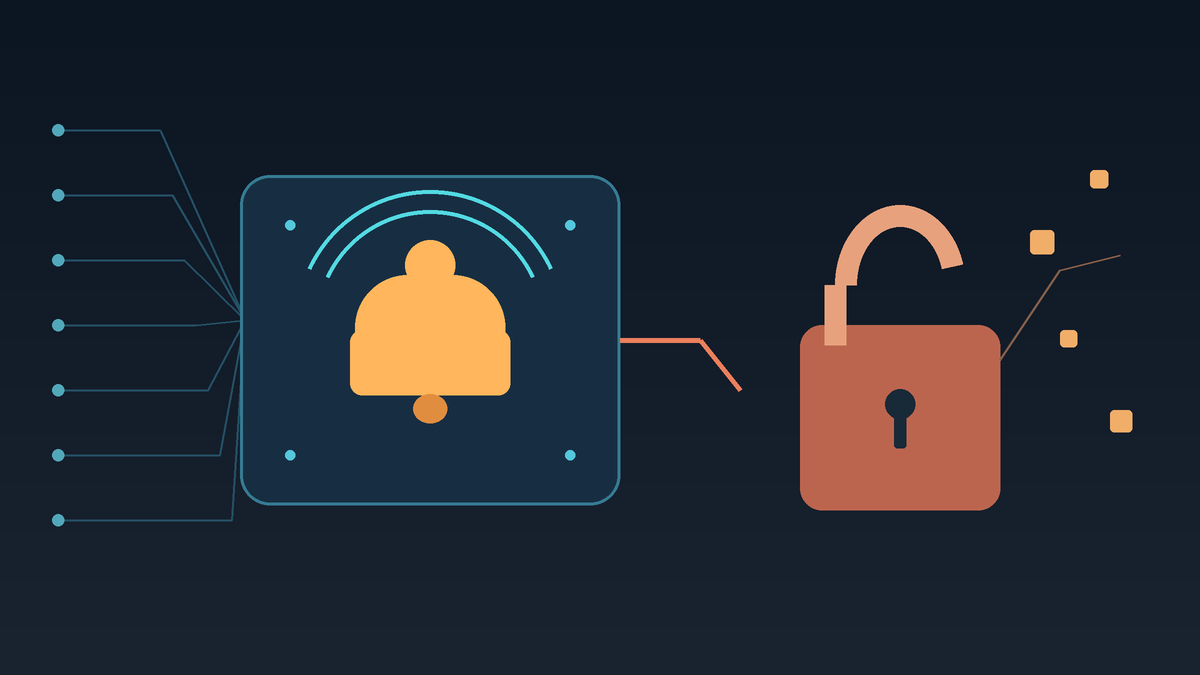 A sophisticated electronic alarm connected to an open padlock: threat detection outpaces the repair of vulnerabilities. Original graphic without embedded text.